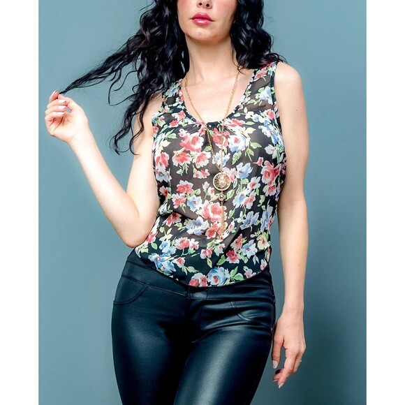 Tops - Women’s Sheer Floral Sleeveless Top Black Multicolor Lightweight Size M